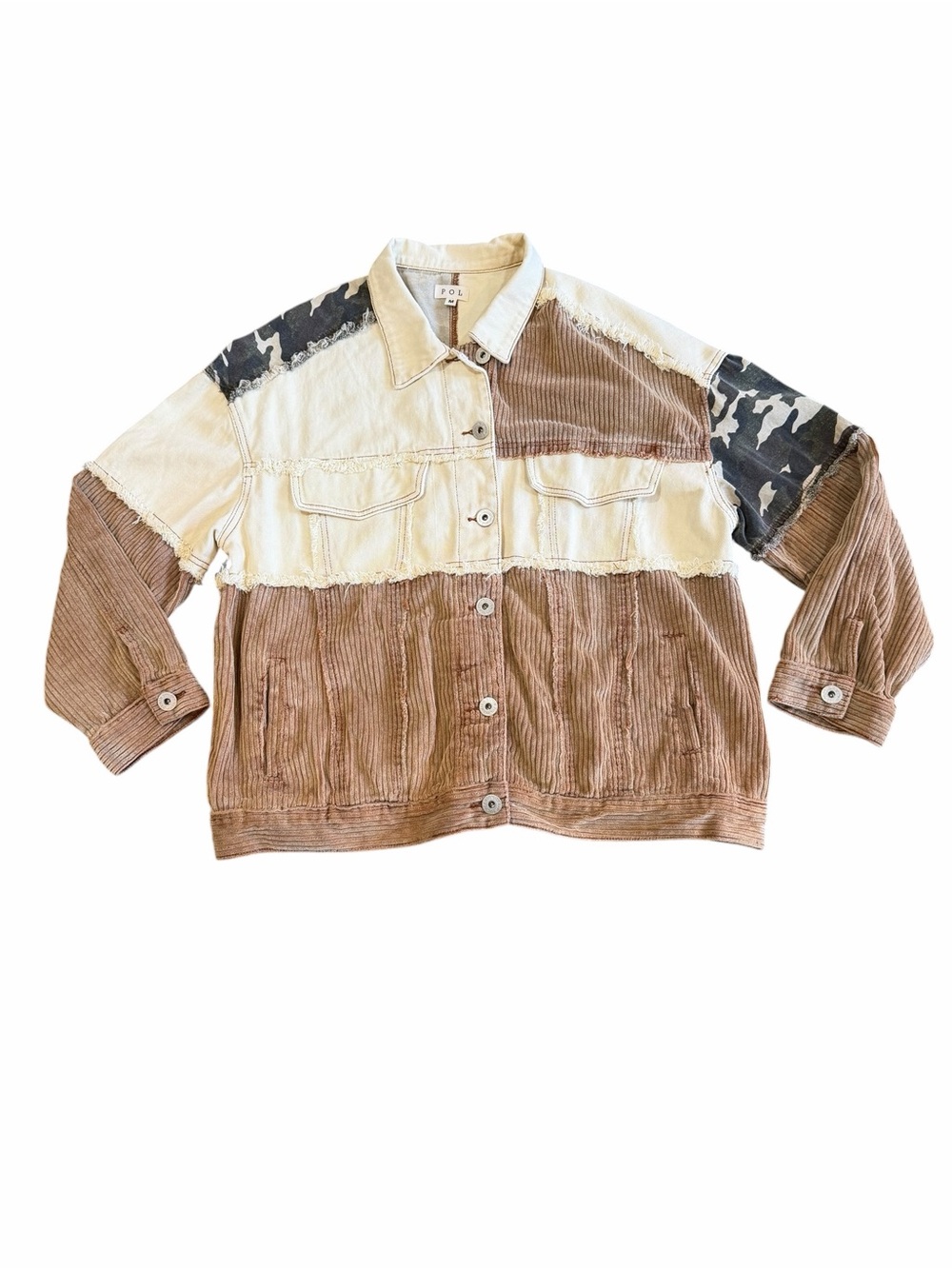 POL Patchwork Corduroy Denim Jacket M Boho Shacket Raw Edge Mixed Fabric